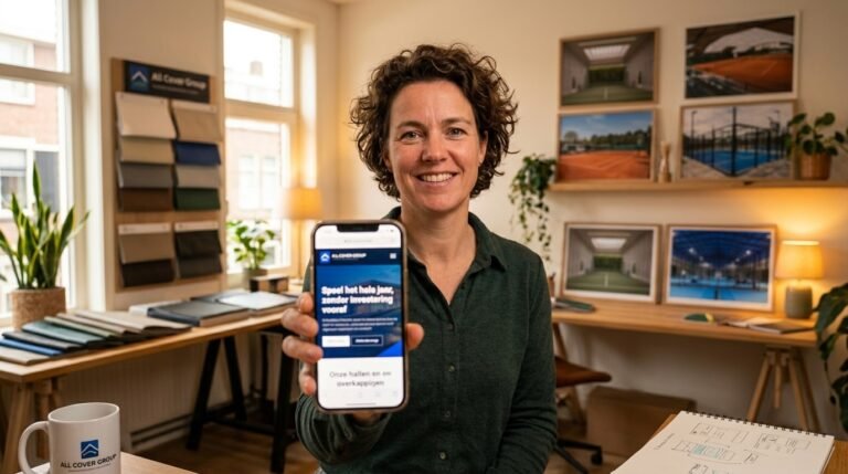 Ondernemer laat trots haar nieuwe website zien op haar telefoon