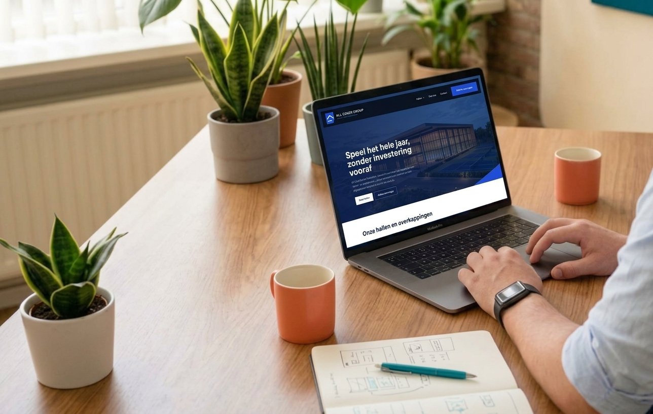Laptop met een live website op een bureau met planten